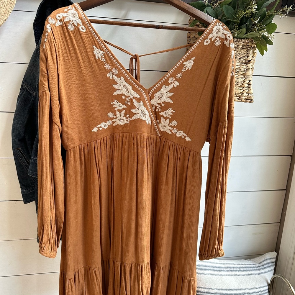 Earthen Embroidered Floral Ruffle Wrap Mini Dress
